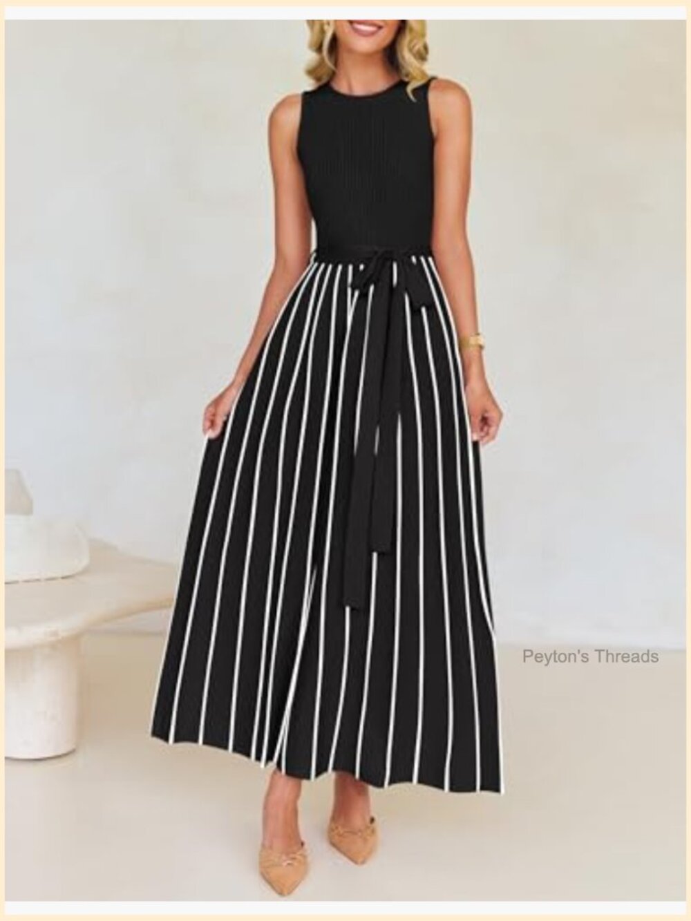 Sleeveless Crewneck Ribbed Knit Tie Waist Maxi Dress with Belt - Picture 2 of 7